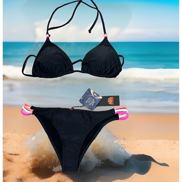 Sundek Swimwear Bikini 2 Piece XXL Cheeky Bottom XL Triangle Top Bead Black Pink - Picture 1 of 7